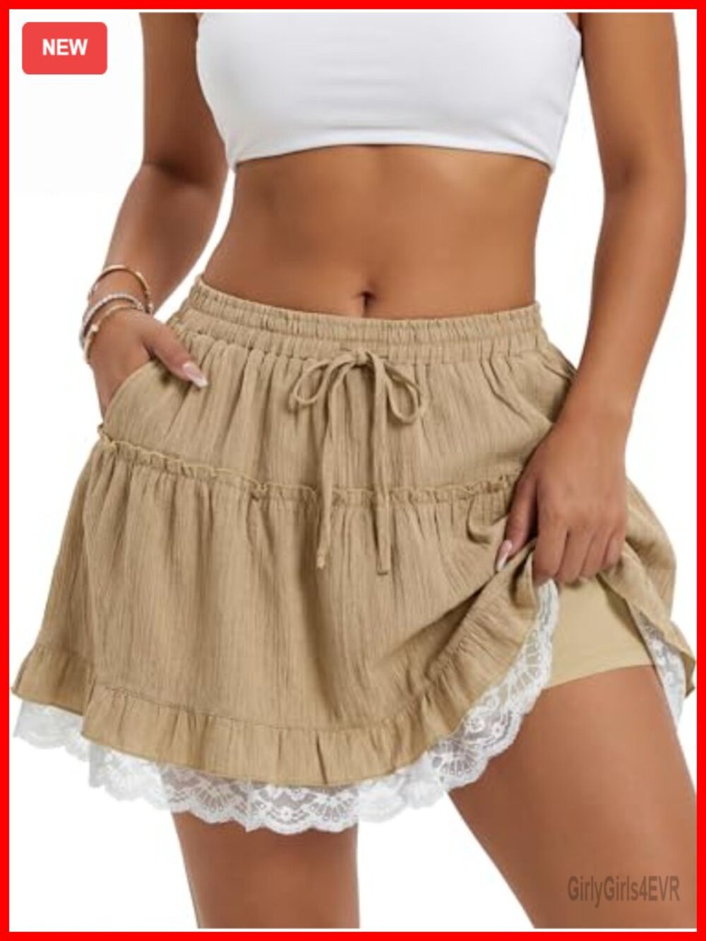 Women's Ruffle Flowy Tiered Lace Mini Skort High Waist Drawstring Pockets